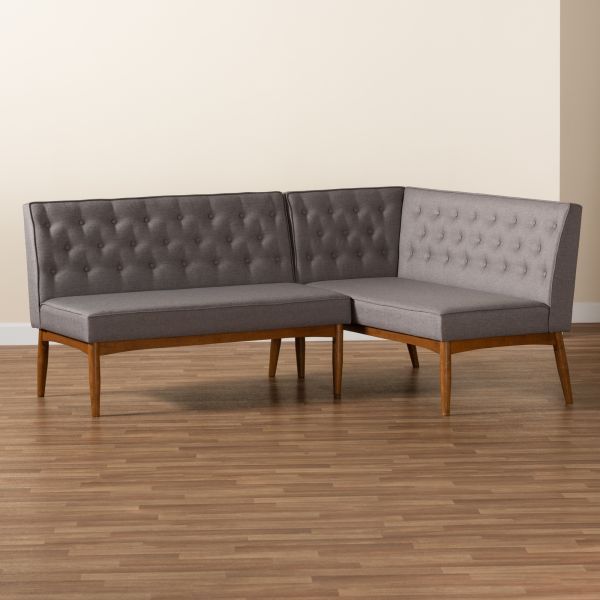 Riordan Mid-Century Modern Grey Fabric Upholstered and Walnut Brown Finished Wood 2-Piece Dining Nook Banquette Set