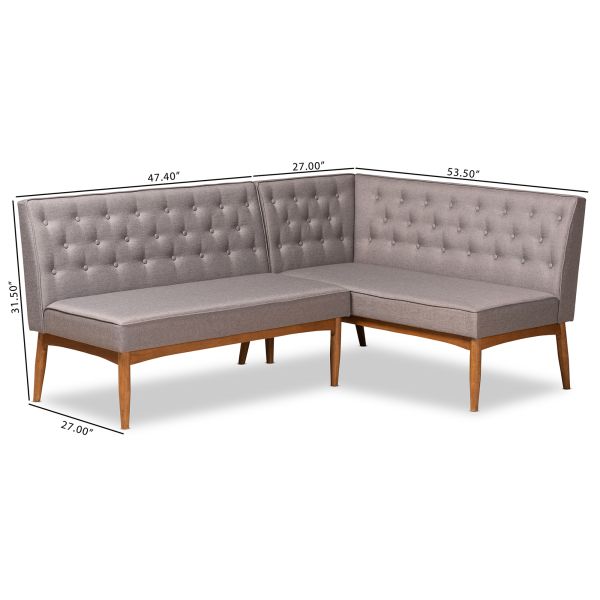 Riordan Mid-Century Modern Grey Fabric Upholstered and Walnut Brown Finished Wood 2-Piece Dining Nook Banquette Set