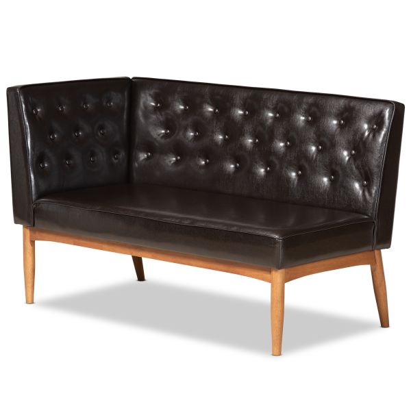 Riordan Mid-Century Modern Dark Brown Faux Leather Upholstered and Walnut Brown Finished Wood 2-Piece Dining Nook Banquette Set