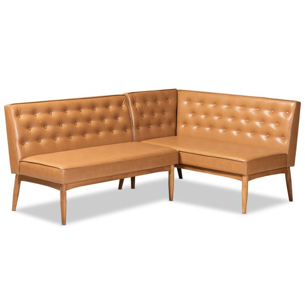 Riordan Mid-Century Modern Tan Faux Leather Upholstered and Walnut Brown Finished Wood 2-Piece Dining Nook Banquette Set