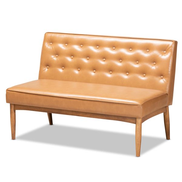 Riordan Mid-Century Modern Tan Faux Leather Upholstered and Walnut Brown Finished Wood 2-Piece Dining Nook Banquette Set