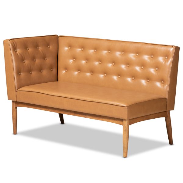 Riordan Mid-Century Modern Tan Faux Leather Upholstered and Walnut Brown Finished Wood 2-Piece Dining Nook Banquette Set