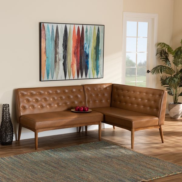 Riordan Mid-Century Modern Tan Faux Leather Upholstered and Walnut Brown Finished Wood 2-Piece Dining Nook Banquette Set