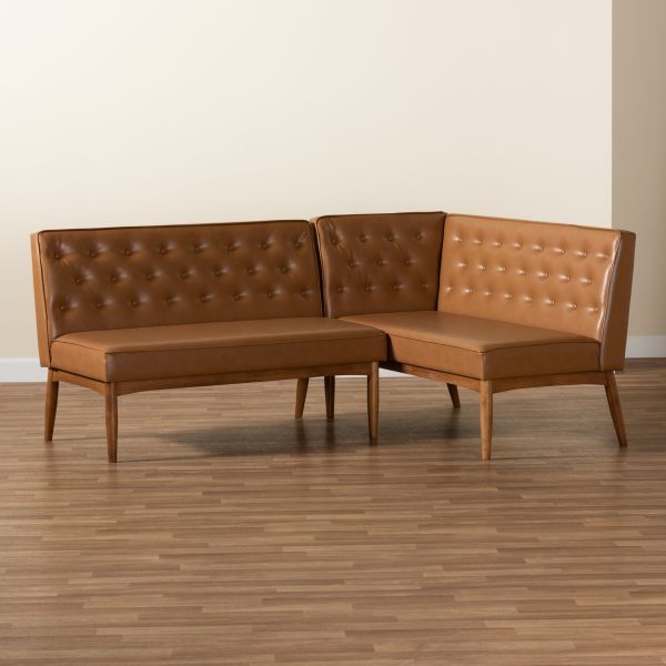 Riordan Mid-Century Modern Tan Faux Leather Upholstered and Walnut Brown Finished Wood 2-Piece Dining Nook Banquette Set