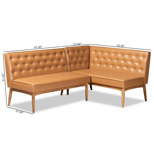 Riordan Mid-Century Modern Tan Faux Leather Upholstered and Walnut Brown Finished Wood 2-Piece Dining Nook Banquette Set