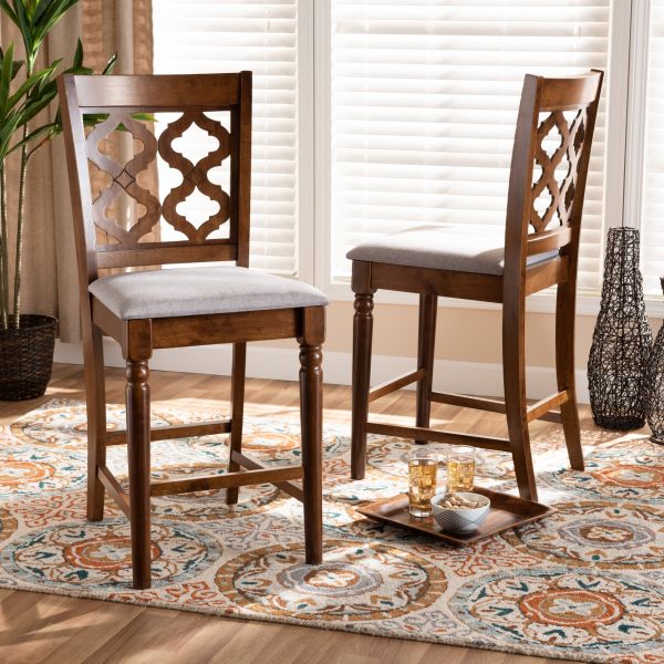 Ramiro Modern and Contemporary Transitional Grey Fabric Upholstered and Walnut Brown Finished Wood 2-Piece Counter Stool Set