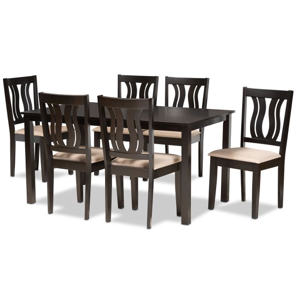 Fenton Modern and Contemporary Sand Fabric Upholstered and Dark Brown Finished Wood 7-Piece Dining Set
