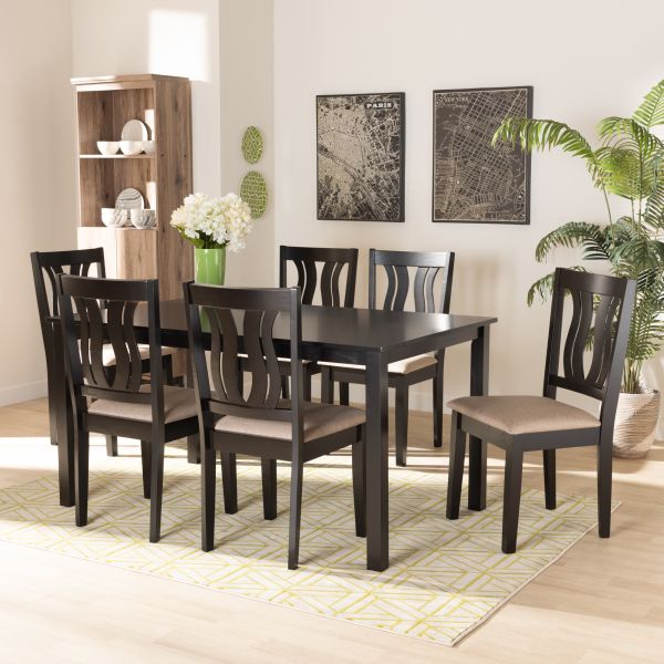 Fenton Modern and Contemporary Sand Fabric Upholstered and Dark Brown Finished Wood 7-Piece Dining Set
