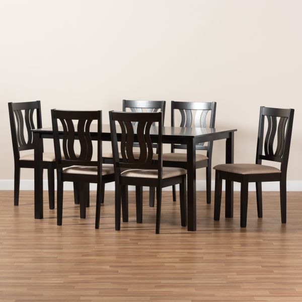 Fenton Modern and Contemporary Sand Fabric Upholstered and Dark Brown Finished Wood 7-Piece Dining Set