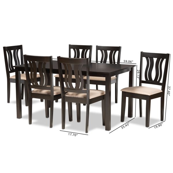 Fenton Modern and Contemporary Sand Fabric Upholstered and Dark Brown Finished Wood 7-Piece Dining Set