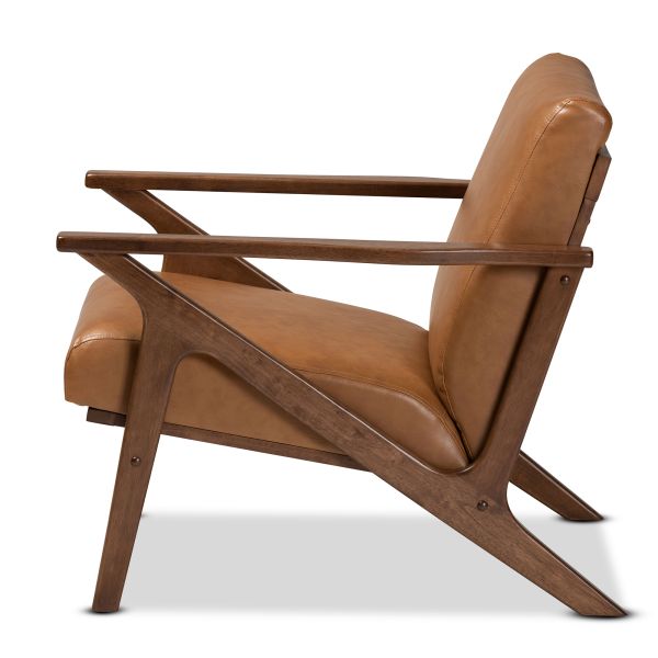 Bianca Mid-Century Modern Walnut Brown Finished Wood and Tan Faux Leather Effect Lounge Chair
