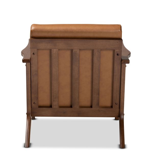 Bianca Mid-Century Modern Walnut Brown Finished Wood and Tan Faux Leather Effect Lounge Chair