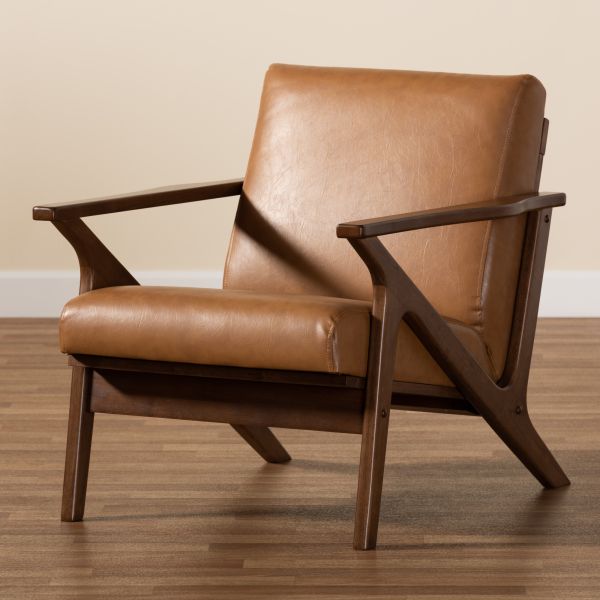 Bianca Mid-Century Modern Walnut Brown Finished Wood and Tan Faux Leather Effect Lounge Chair
