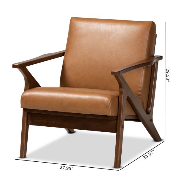 Bianca Mid-Century Modern Walnut Brown Finished Wood and Tan Faux Leather Effect Lounge Chair