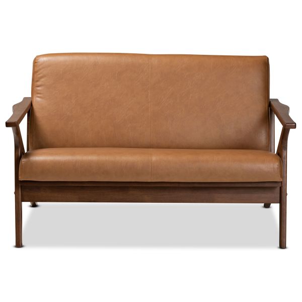 Bianca Mid-Century Modern Walnut Brown Finished Wood and Tan Faux Leather Effect Loveseat