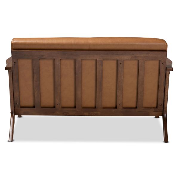 Bianca Mid-Century Modern Walnut Brown Finished Wood and Tan Faux Leather Effect Loveseat