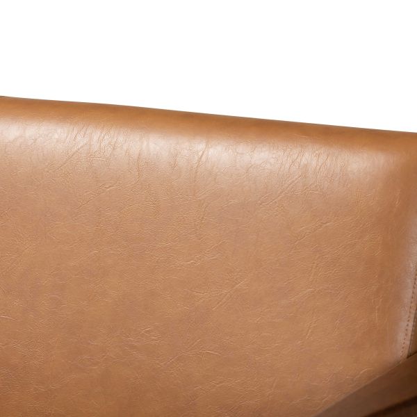 Bianca Mid-Century Modern Walnut Brown Finished Wood and Tan Faux Leather Effect Loveseat