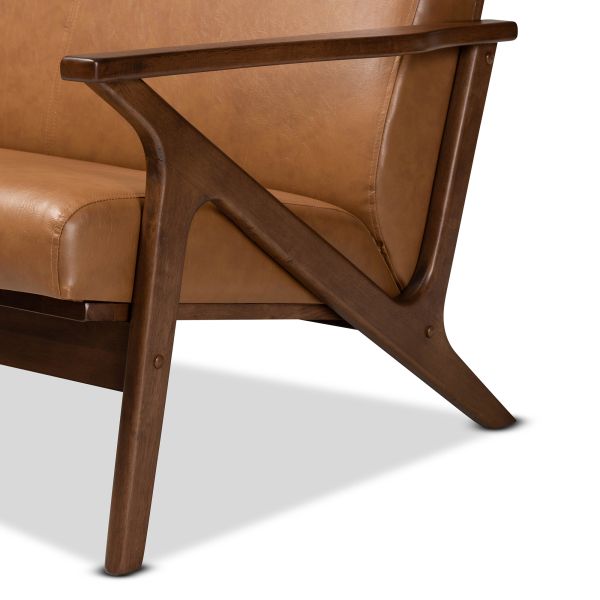 Bianca Mid-Century Modern Walnut Brown Finished Wood and Tan Faux Leather Effect Loveseat