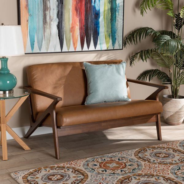 Bianca Mid-Century Modern Walnut Brown Finished Wood and Tan Faux Leather Effect Loveseat
