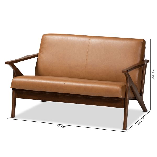 Bianca Mid-Century Modern Walnut Brown Finished Wood and Tan Faux Leather Effect Loveseat