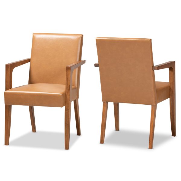 Andrea Mid-Century Modern Tan Faux Leather Upholstered and Walnut Brown Finished Wood 2-Piece Armchair Set