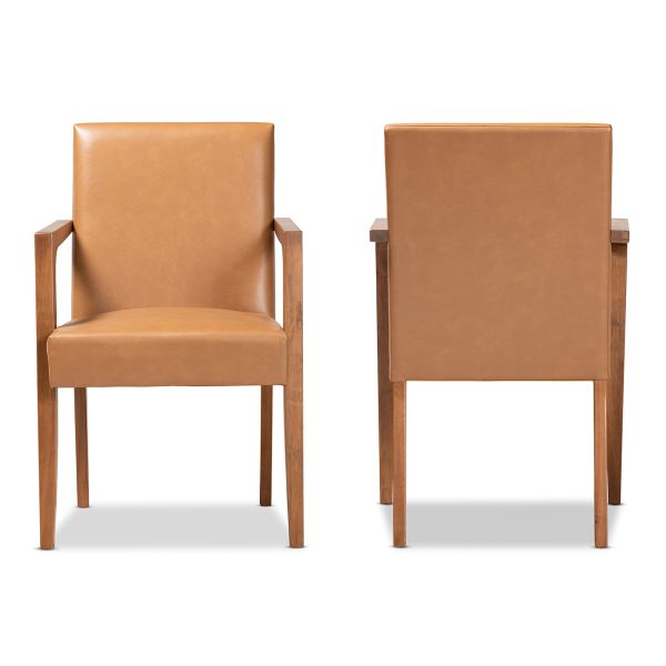 Andrea Mid-Century Modern Tan Faux Leather Upholstered and Walnut Brown Finished Wood 2-Piece Armchair Set