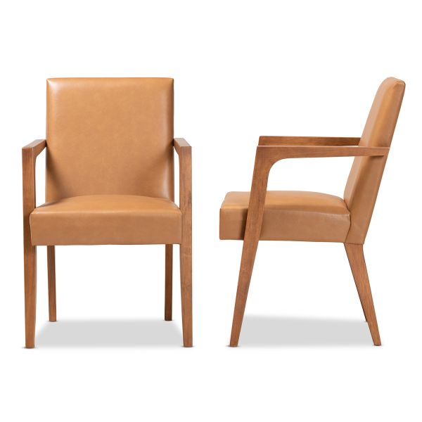 Andrea Mid-Century Modern Tan Faux Leather Upholstered and Walnut Brown Finished Wood 2-Piece Armchair Set