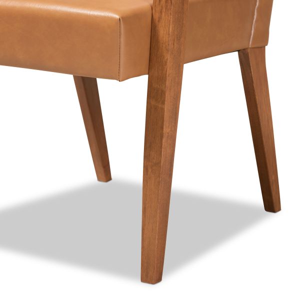 Andrea Mid-Century Modern Tan Faux Leather Upholstered and Walnut Brown Finished Wood 2-Piece Armchair Set