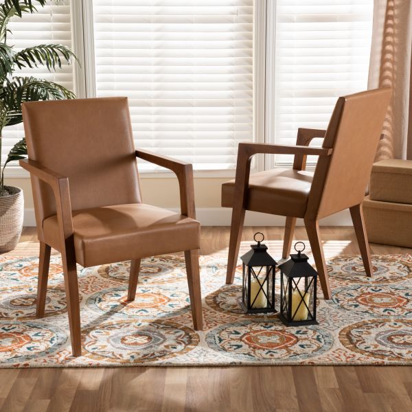 Andrea Mid-Century Modern Tan Faux Leather Upholstered and Walnut Brown Finished Wood 2-Piece Armchair Set