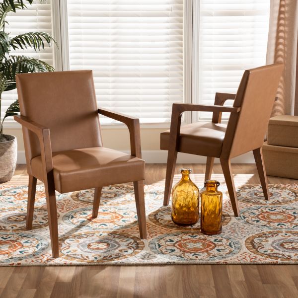 Andrea Mid-Century Modern Tan Faux Leather Upholstered and Walnut Brown Finished Wood 2-Piece Armchair Set