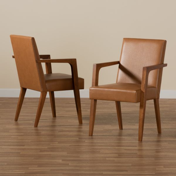 Andrea Mid-Century Modern Tan Faux Leather Upholstered and Walnut Brown Finished Wood 2-Piece Armchair Set