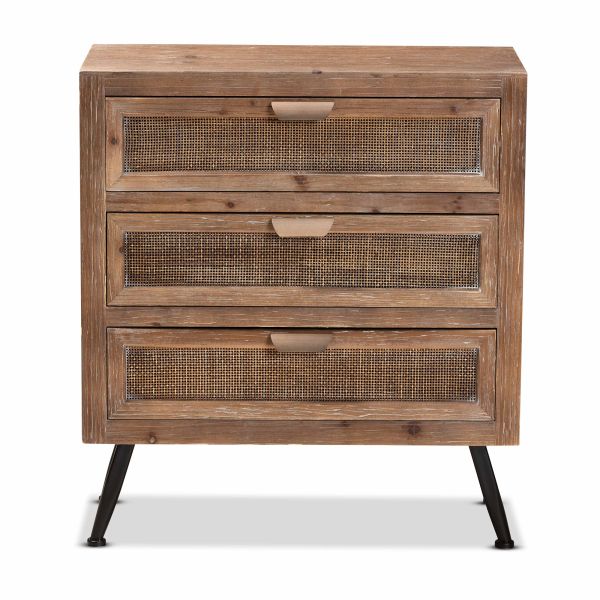 Calida Mid-Century Modern Whitewashed Natural Brown Finished Wood and Rattan 3-Drawer Storage Cabinet