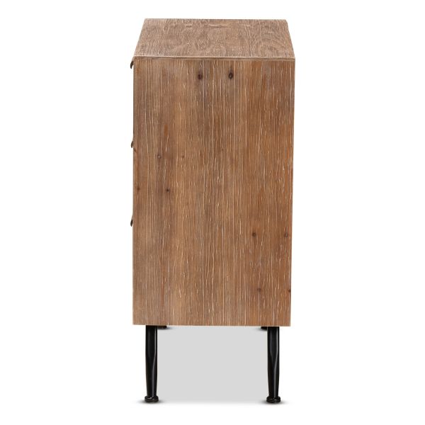Calida Mid-Century Modern Whitewashed Natural Brown Finished Wood and Rattan 3-Drawer Storage Cabinet