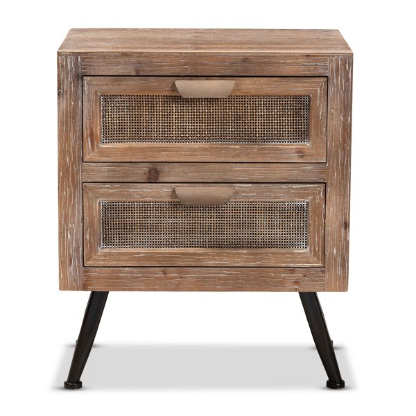Calida Mid-Century Modern Whitewashed Natural Brown Finished Wood and Rattan 2-Drawer Nightstand
