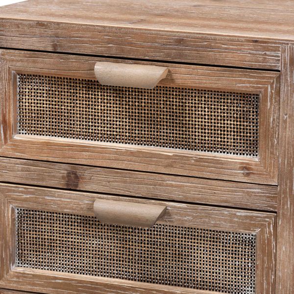 Calida Mid-Century Modern Whitewashed Natural Brown Finished Wood and Rattan 2-Drawer Nightstand