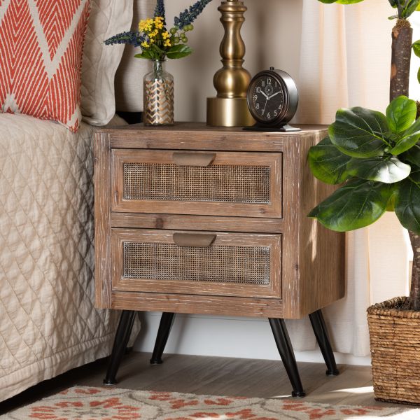 Calida Mid-Century Modern Whitewashed Natural Brown Finished Wood and Rattan 2-Drawer Nightstand