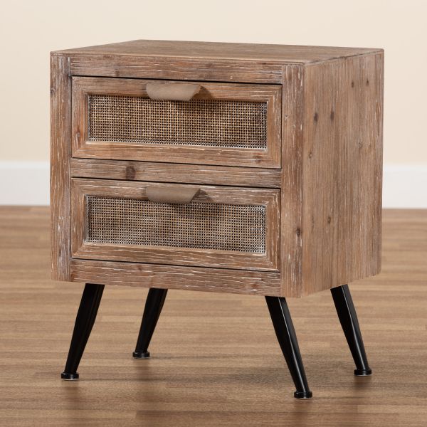 Calida Mid-Century Modern Whitewashed Natural Brown Finished Wood and Rattan 2-Drawer Nightstand