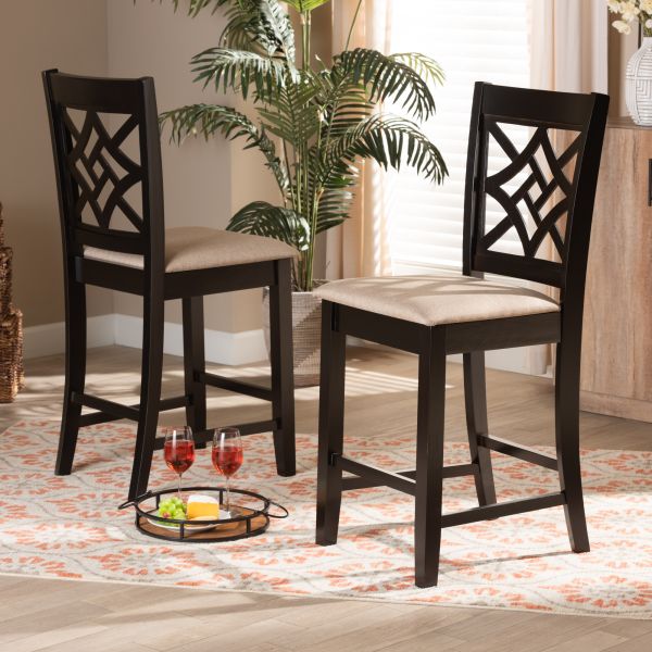 Nicolette Modern and Contemporary Sand Fabric Upholstered and Dark Brown Finished Wood 2-Piece Counter Stool Set