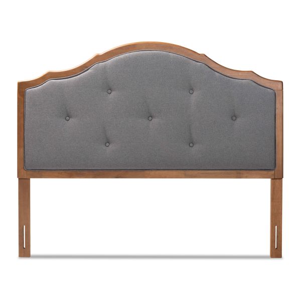 Gala Vintage Classic Traditional Dark Grey Fabric Upholstered and Walnut Brown Finished Wood Queen Size Arched Headboard