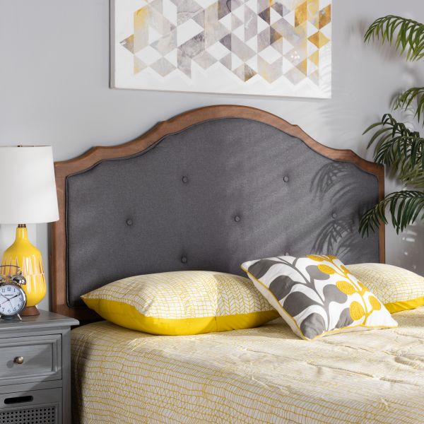 Gala Vintage Classic Traditional Dark Grey Fabric Upholstered and Walnut Brown Finished Wood Queen Size Arched Headboard