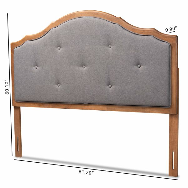 Gala Vintage Classic Traditional Dark Grey Fabric Upholstered and Walnut Brown Finished Wood Queen Size Arched Headboard