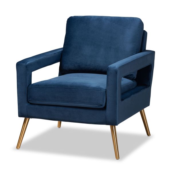 Leland Glam and Luxe Navy Blue Velvet Fabric Upholstered and Gold Finished Armchair 