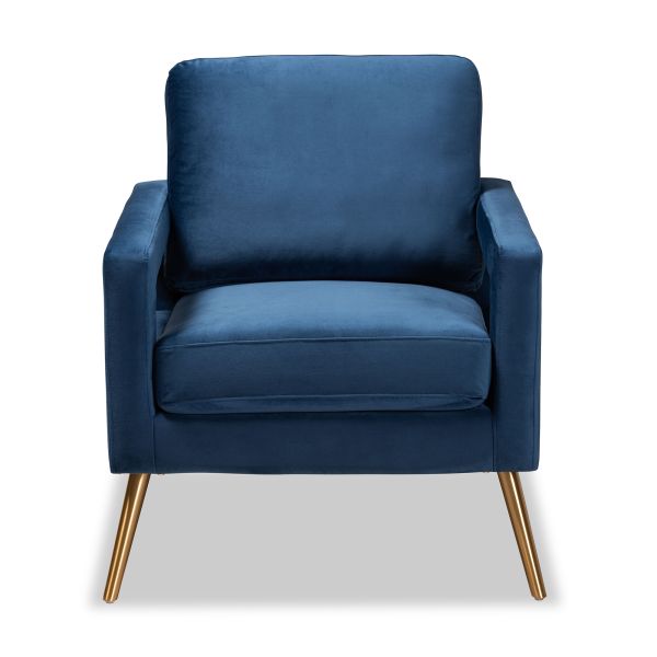 Leland Glam and Luxe Navy Blue Velvet Fabric Upholstered and Gold Finished Armchair 