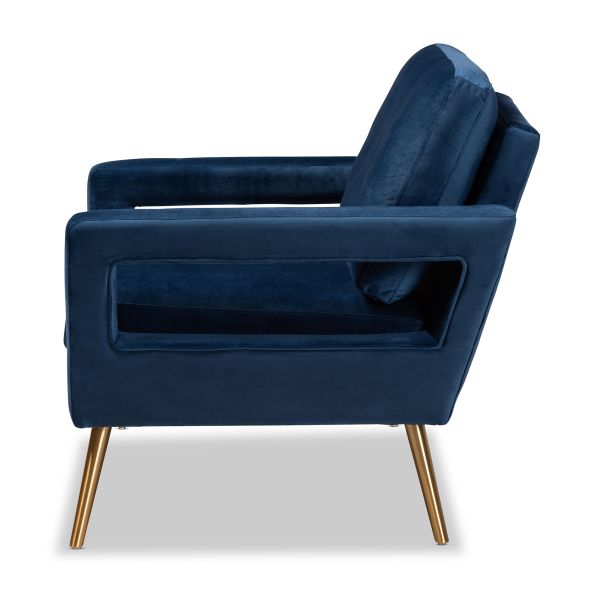 Leland Glam and Luxe Navy Blue Velvet Fabric Upholstered and Gold Finished Armchair 