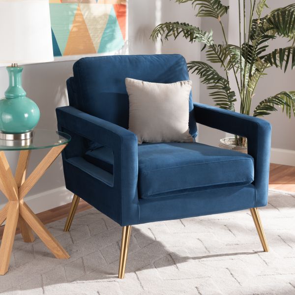 Leland Glam and Luxe Navy Blue Velvet Fabric Upholstered and Gold Finished Armchair 
