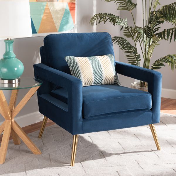 Leland Glam and Luxe Navy Blue Velvet Fabric Upholstered and Gold Finished Armchair 
