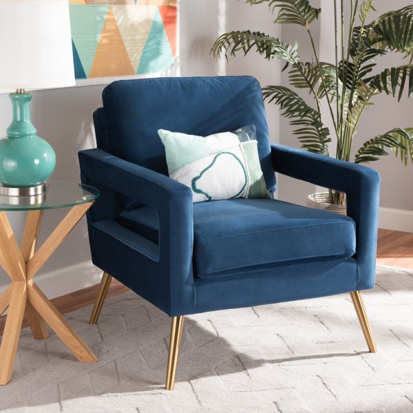 Leland Glam and Luxe Navy Blue Velvet Fabric Upholstered and Gold Finished Armchair 