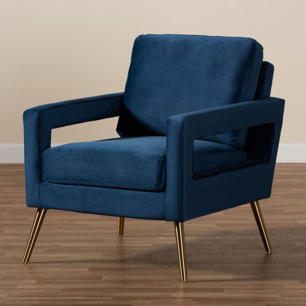 Leland Glam and Luxe Navy Blue Velvet Fabric Upholstered and Gold Finished Armchair 