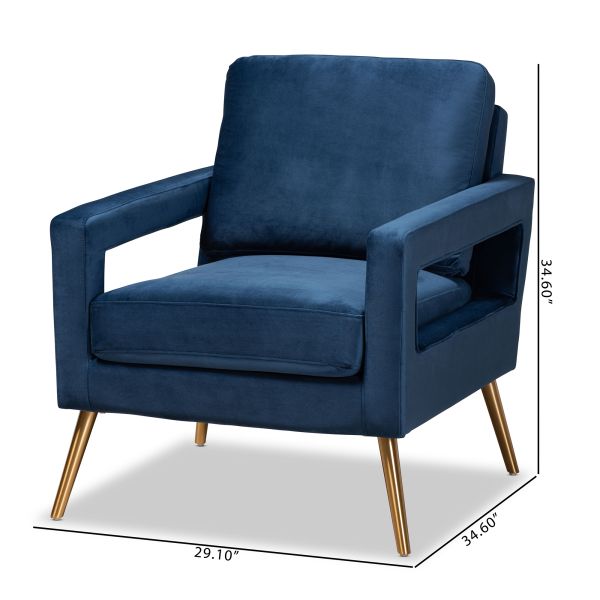 Leland Glam and Luxe Navy Blue Velvet Fabric Upholstered and Gold Finished Armchair 