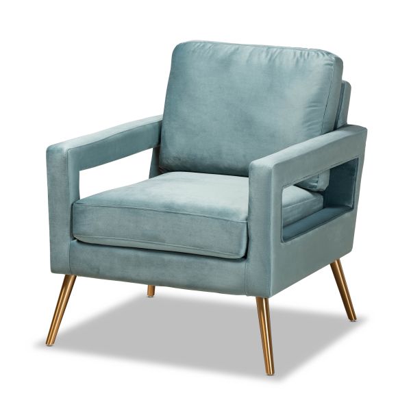 Leland Glam and Luxe Light Blue Velvet Fabric Upholstered and Gold Finished Armchair 